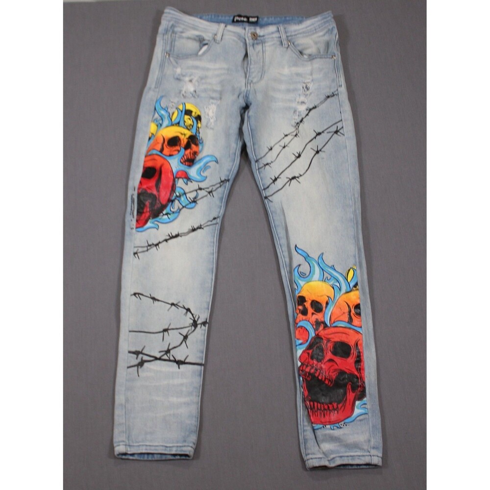MOTIVE DENIM JEANS Blue Skull Graphic Rhinestone Print Stretch Tag 32X32 (32X31)